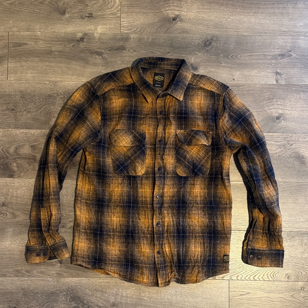 RVCA Men's Casual Plaid Shirt in Blue and Tan